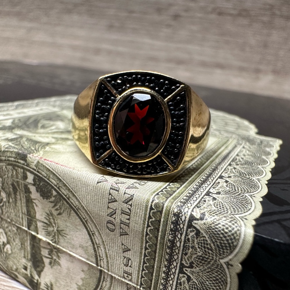 Gold Plated‎ .925 Men's Ring With Dark Red Center Stone and Small Black Stones